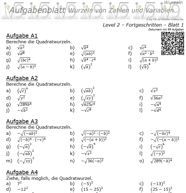Wurzeln von Zahlen und Variablen Aufgabenblatt 01 Fortgeschritten 2/1 / © by Fit-in-Mathe-Online.de