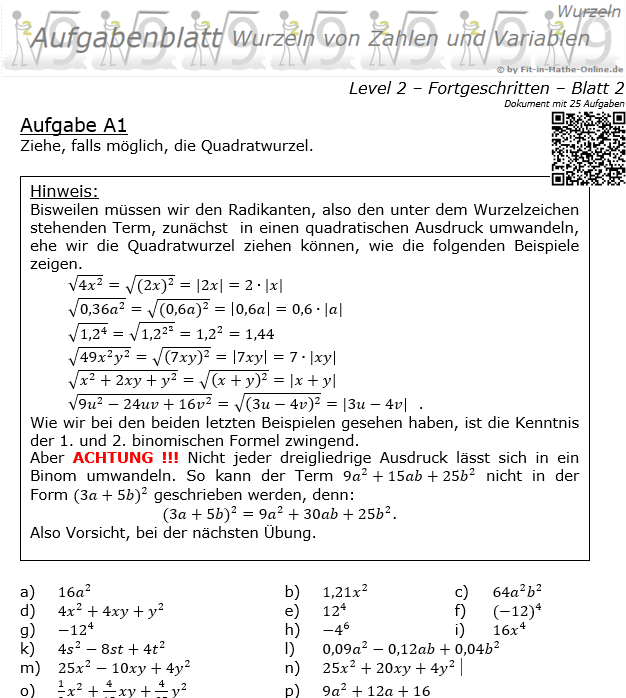 Wurzeln von Zahlen und Variablen Aufgabenblatt 02 Fortgeschritten 2/2 / © by Fit-in-Mathe-Online.de