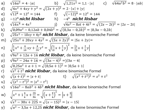 Wurzeln von Zahlen und Variablen Lösungen zum Aufgabensatz 1 Blatt 2/2 Fortgeschritten/© by www.fit-in-mathe-online.de