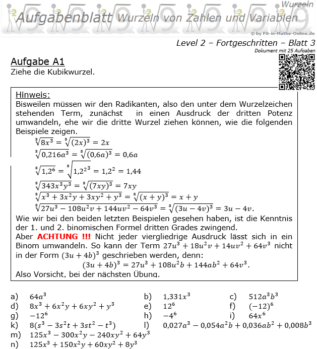 Wurzeln von Zahlen und Variablen Aufgabenblatt 03 Fortgeschritten 2/3 / © by Fit-in-Mathe-Online.de